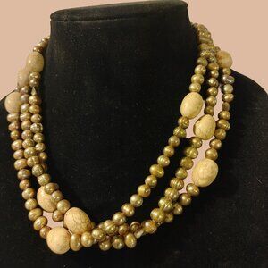 Cultured Pearl Necklace Baroque Sterling Stone Beige Cream Rock Statement Earth